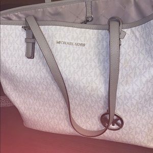 White and gray Michael Kors signature tote